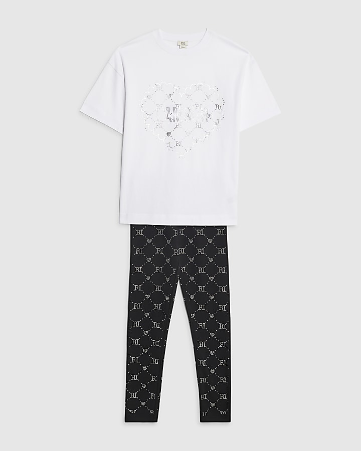 Girls White RI Monogram Leggings Set