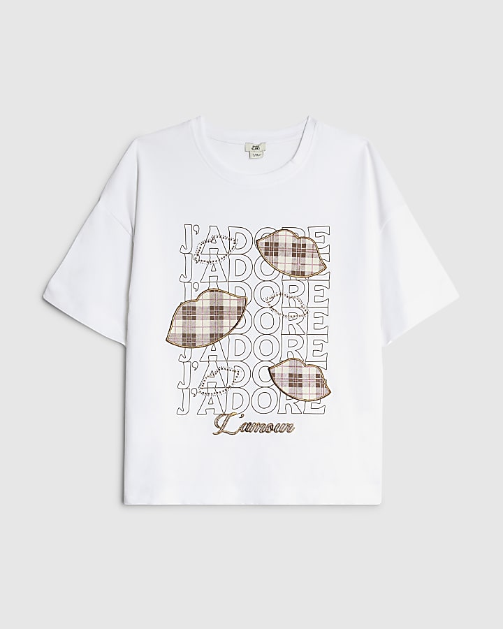 Girls White J'adore Check Lips T-Shirt
