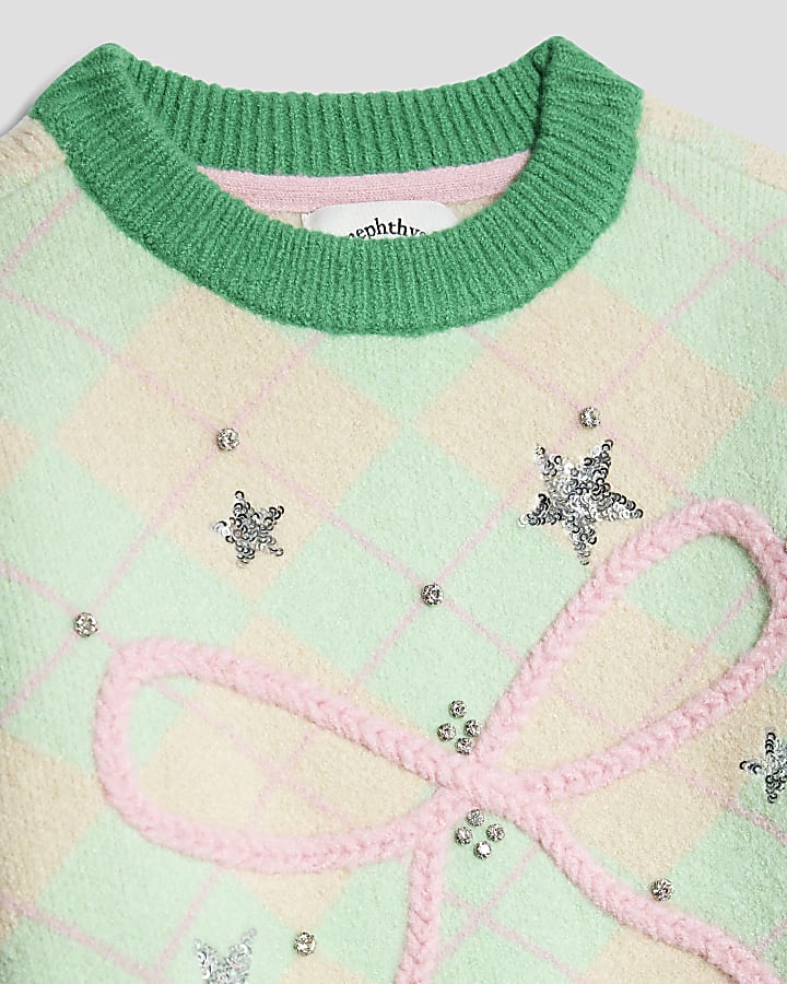 Nephthys Girls Green Argyle Bow Jumper