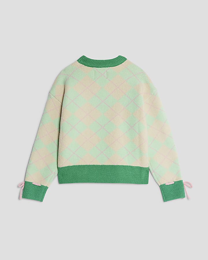 Nephthys Girls Green Argyle Bow Jumper