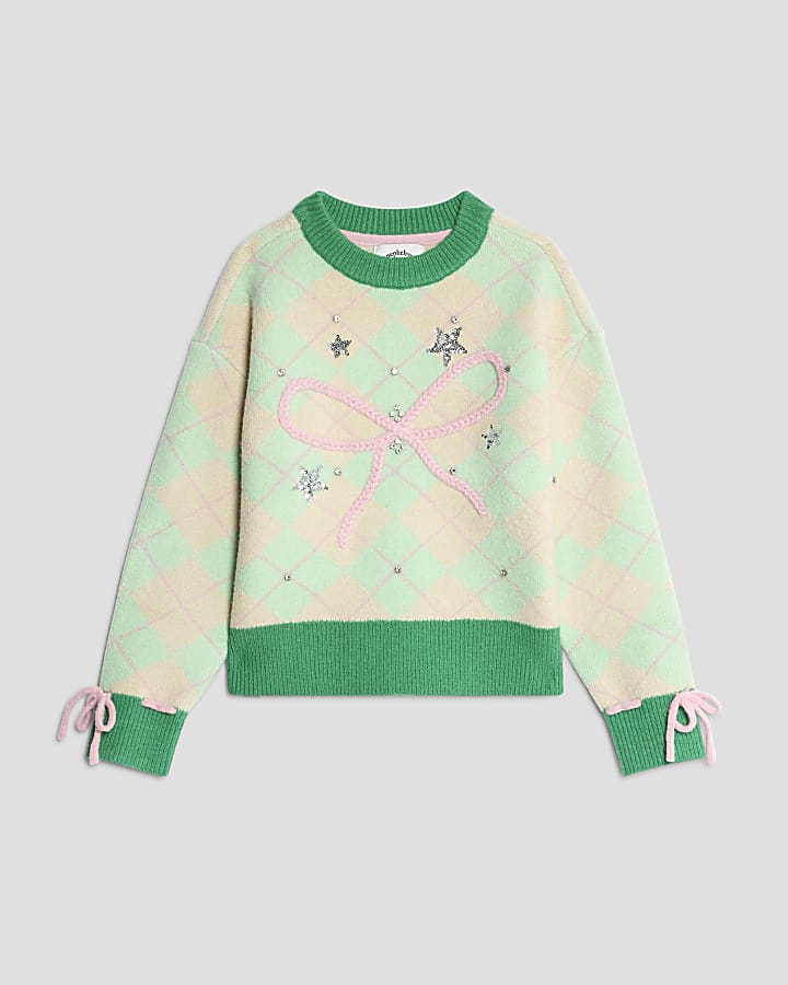 Nephthys Girls Green Argyle Bow Jumper