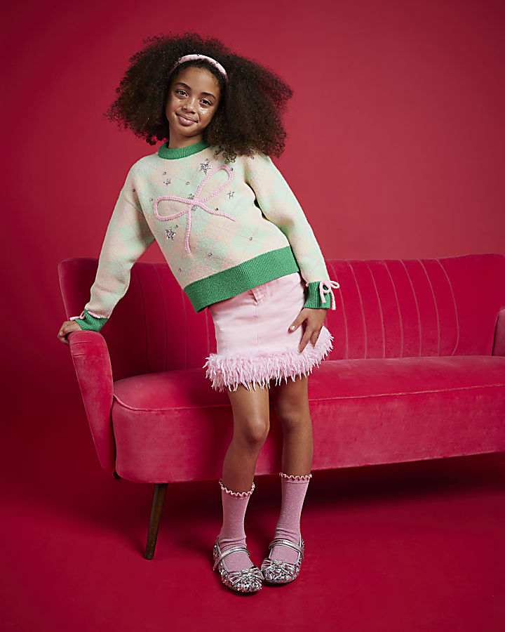 Nephthys Girls Green Argyle Bow Jumper