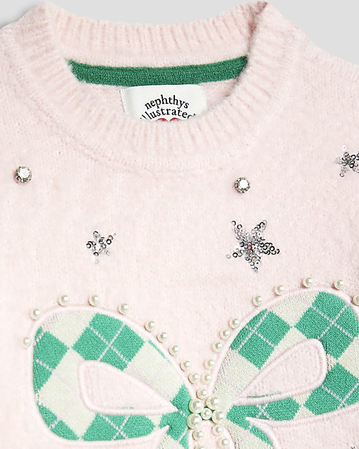 Nephthys Girls Pink Argyle Bow Jumper