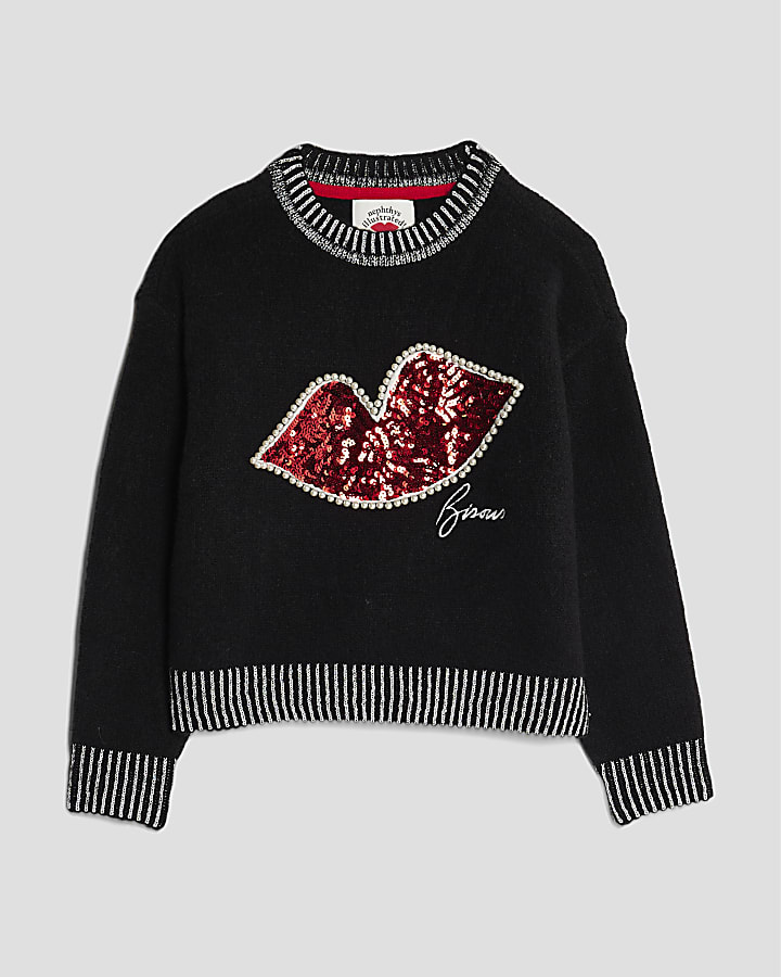 Nephthys Girls Black Sequin Lips Jumper