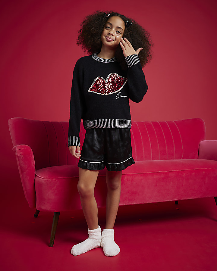 Nephthys Girls Black Sequin Lips Jumper
