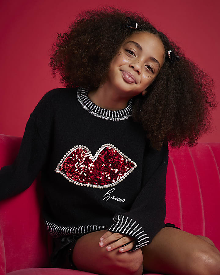 Nephthys Girls Black Sequin Lips Jumper