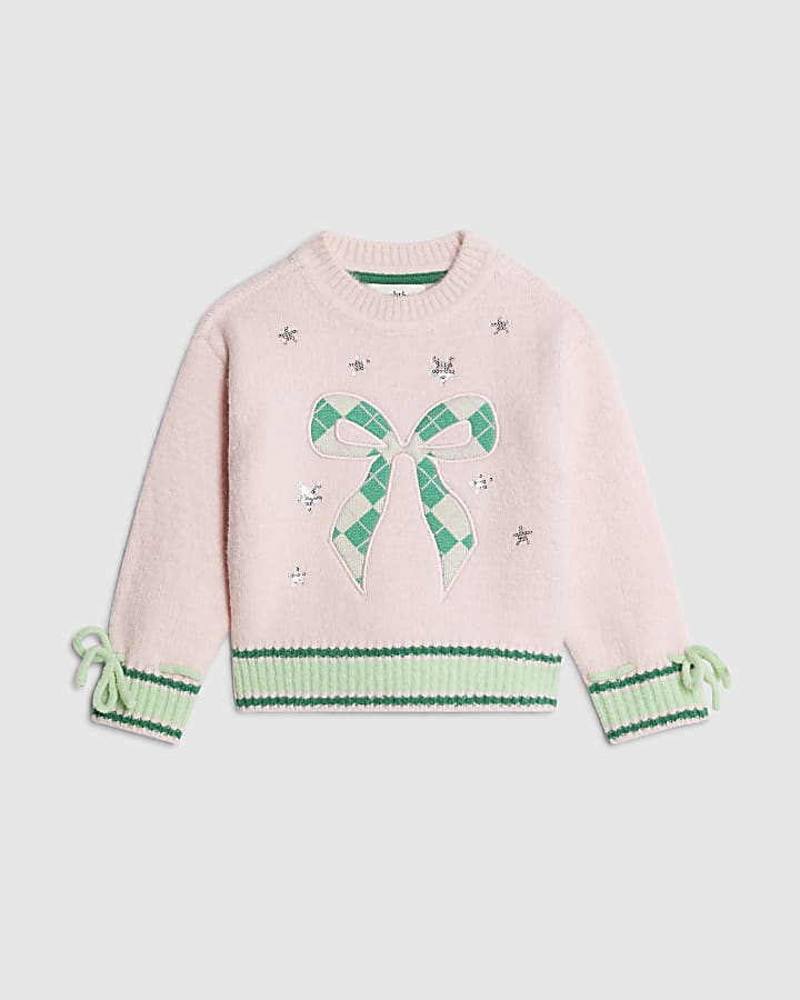 Nephthys Mini Girls Pink Argyle Bow Jumper