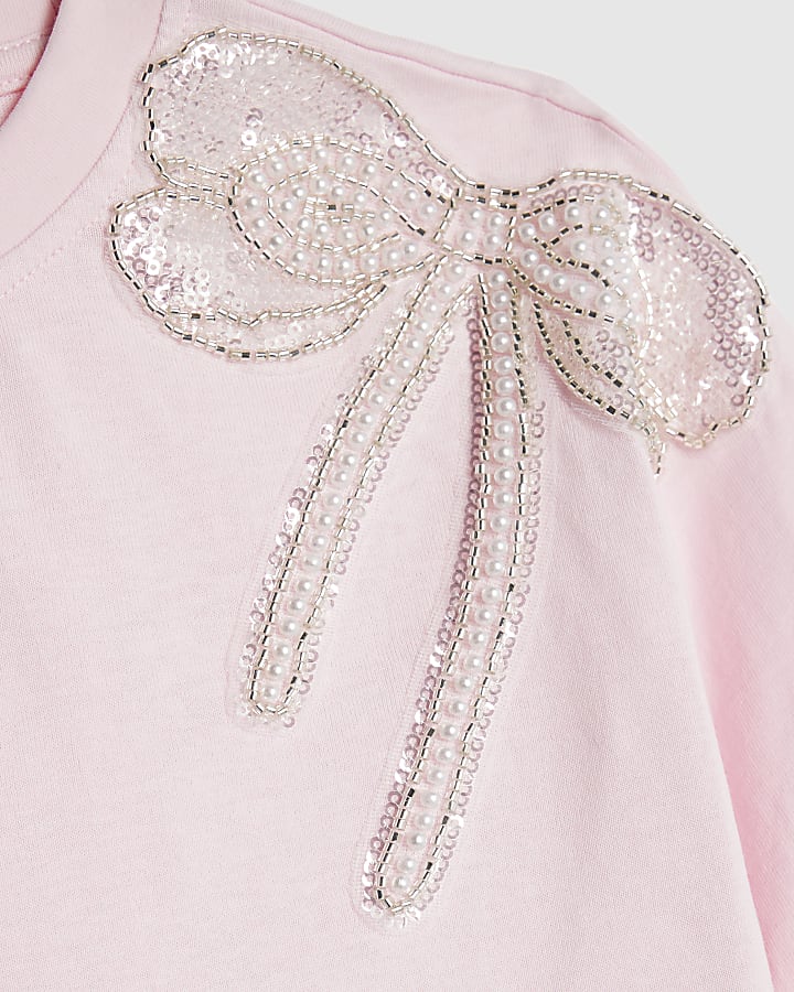 Girls Pink Embellished Bow Top