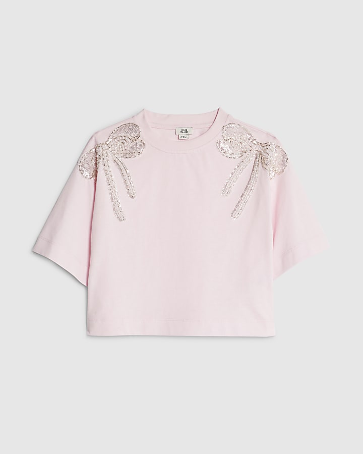 Girls Pink Embellished Bow Top