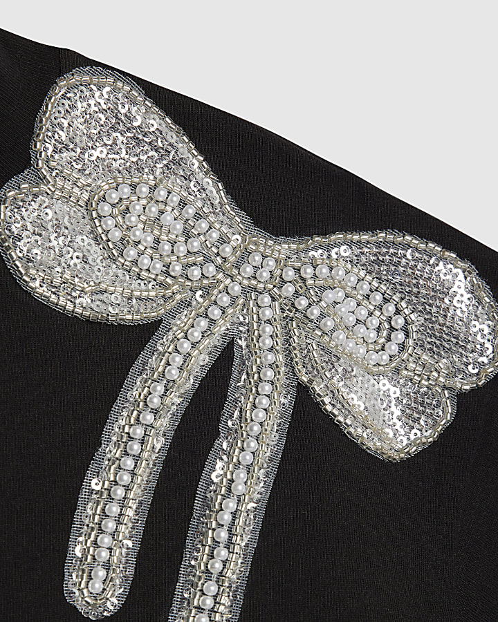 Girls Black Embellished Bow Top