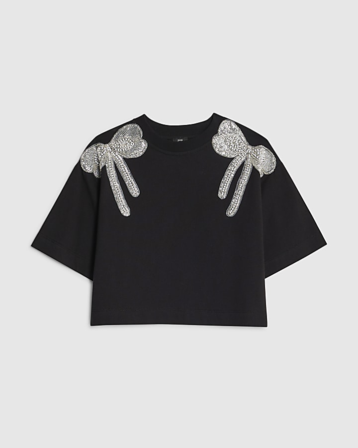 Girls Black Embellished Bow Top
