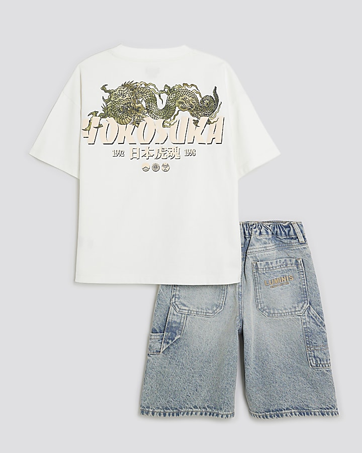 Boys White Japanese T-Shirt & Denim Short Set
