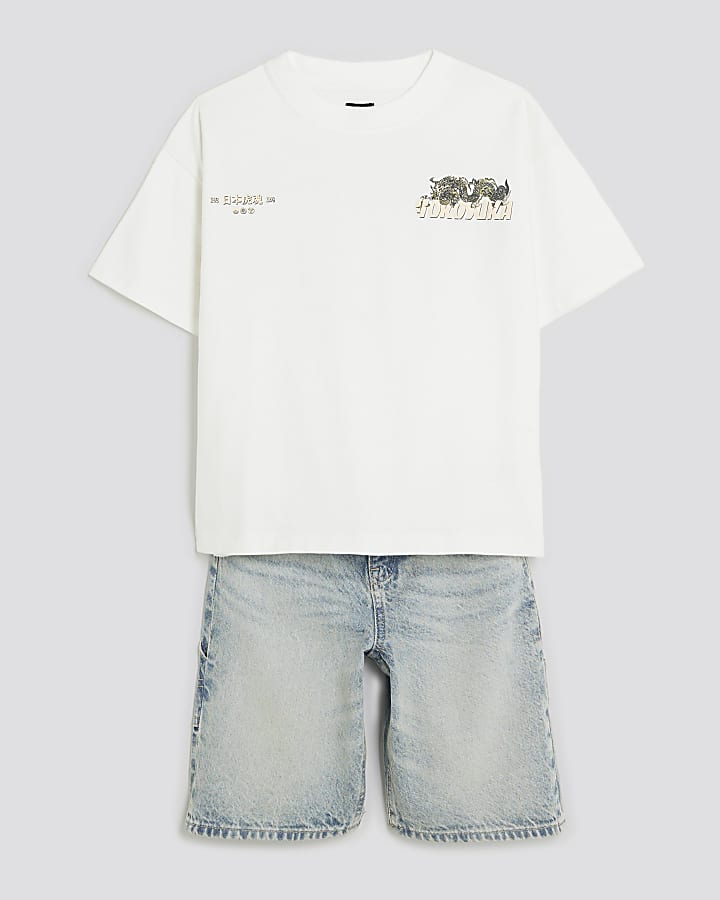 Boys White Japanese T-Shirt & Denim Short Set