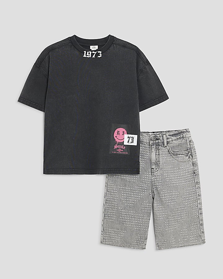 Boys Black Smile T-Shirt And Denim Shorts Set