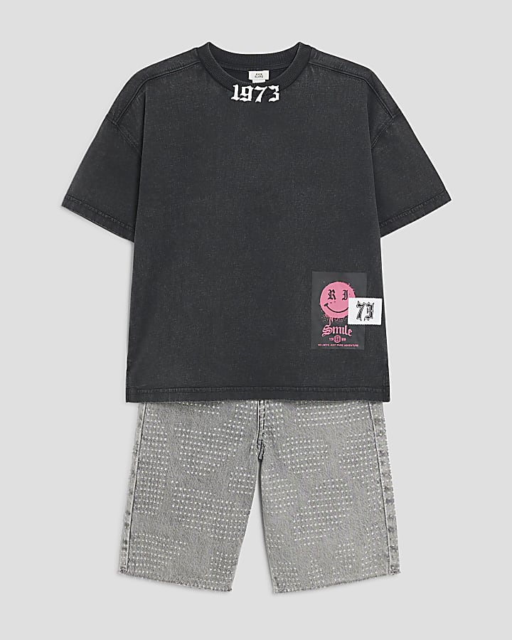 Boys Black Smile T-Shirt And Denim Shorts Set