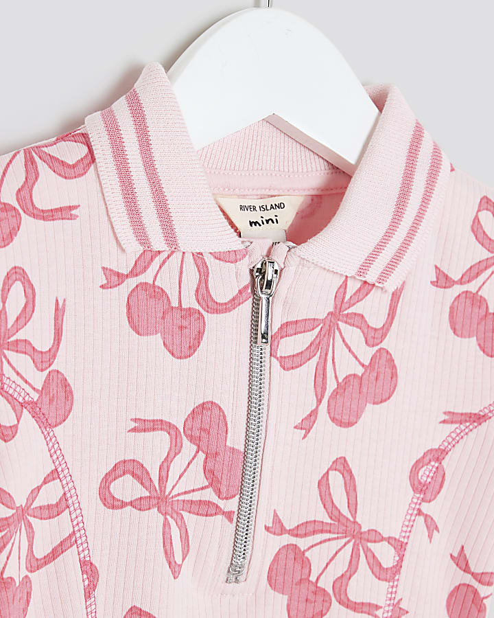 Mini Girls Pink Ribbed Cherry Bow Dress