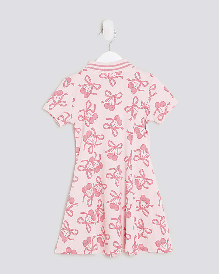 Mini Girls Pink Ribbed Cherry Bow Dress
