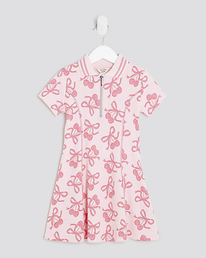 Mini Girls Pink Ribbed Cherry Bow Dress