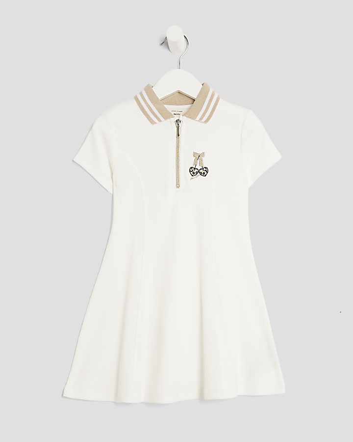 Mini Girls White Ribbed Leopard Cherry Dress