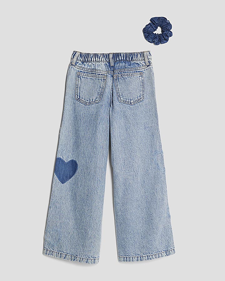 Girls Blue Denim Heart Patch Jeans Set 