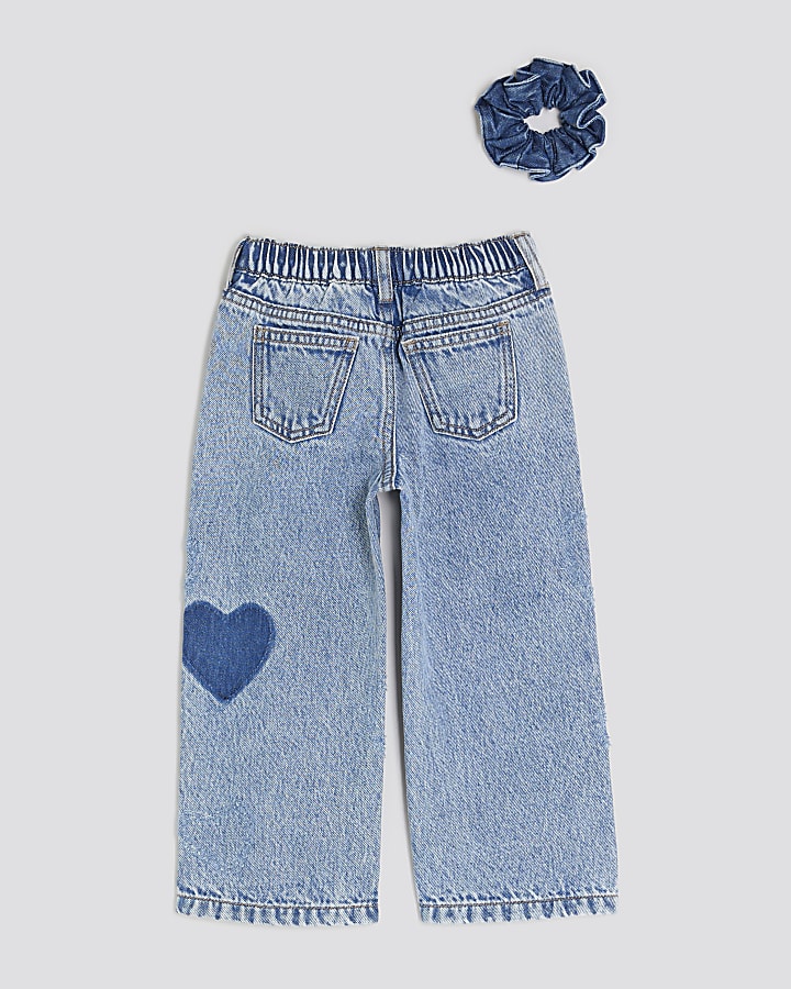 Mini Girls Blue Heart Wide Leg Jeans Set