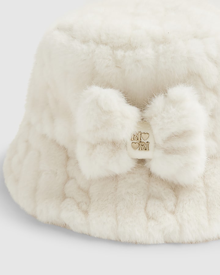 Girls Cream Fluffy Bucket Hat