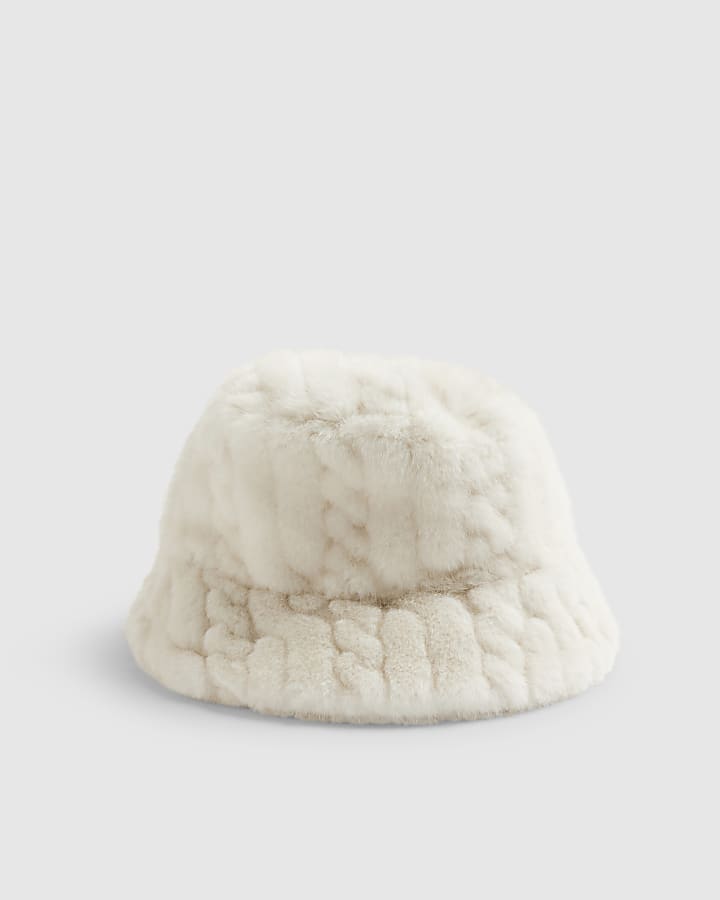Girls Cream Fluffy Bucket Hat