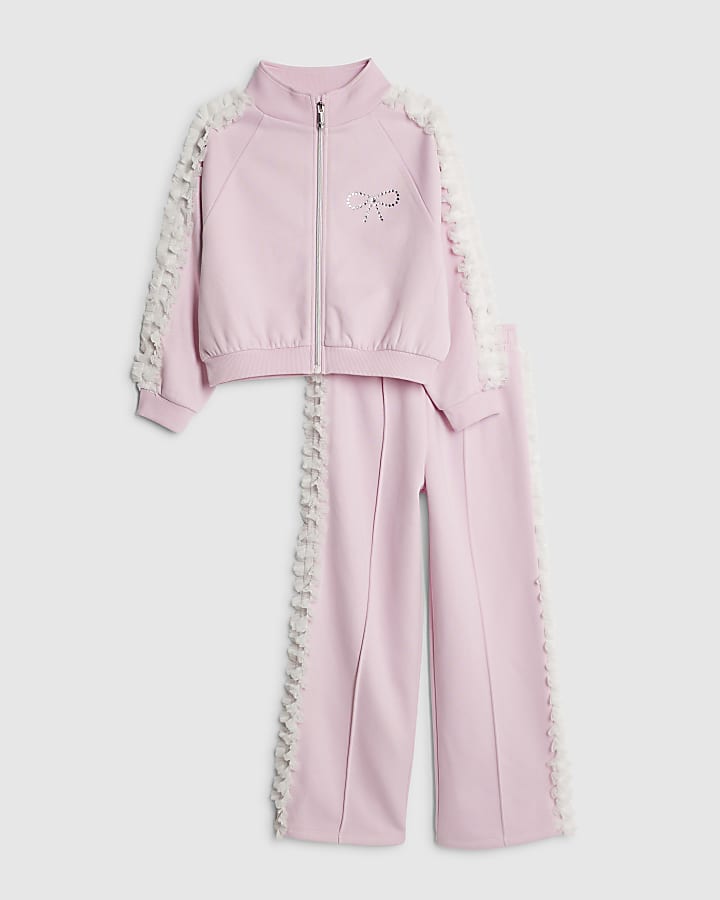 Girls Pink Bow Side Ruffle Sweatshirt Set