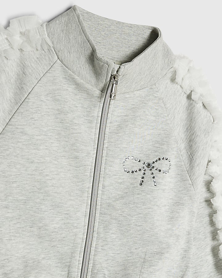 Girls Grey Bow Side Ruffle Sweatshirt Set