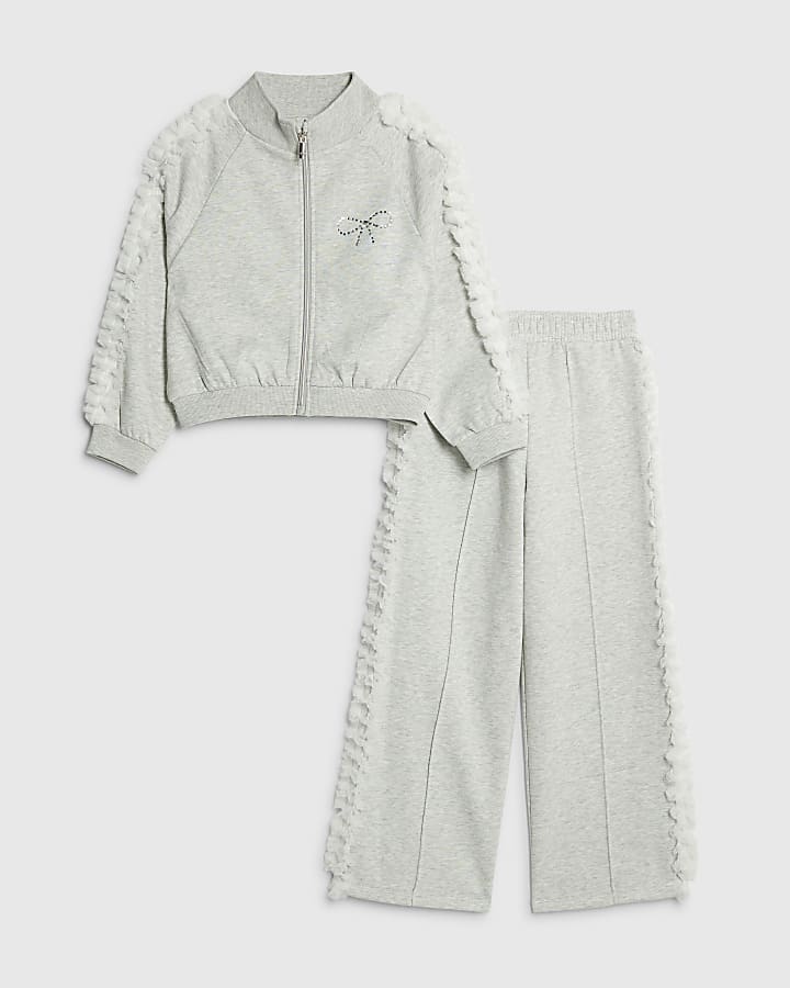 Girls Grey Bow Side Ruffle Sweatshirt Set