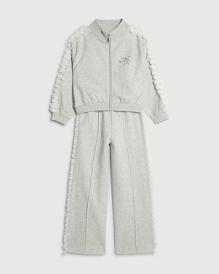 Girls Grey Bow Side Ruffle Sweatshirt Set