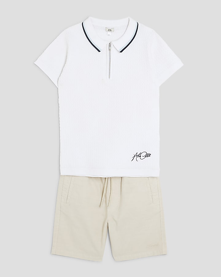 Boys White Zipped Polo Shirt And Shorts Set