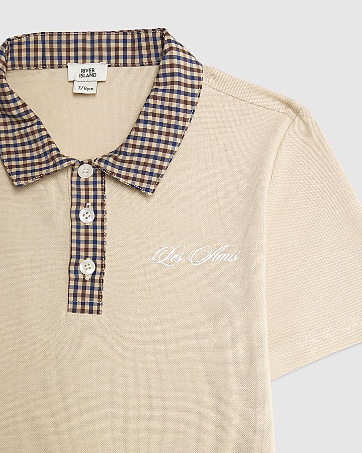 Boys Beige Contrast Collar Polo Shirt