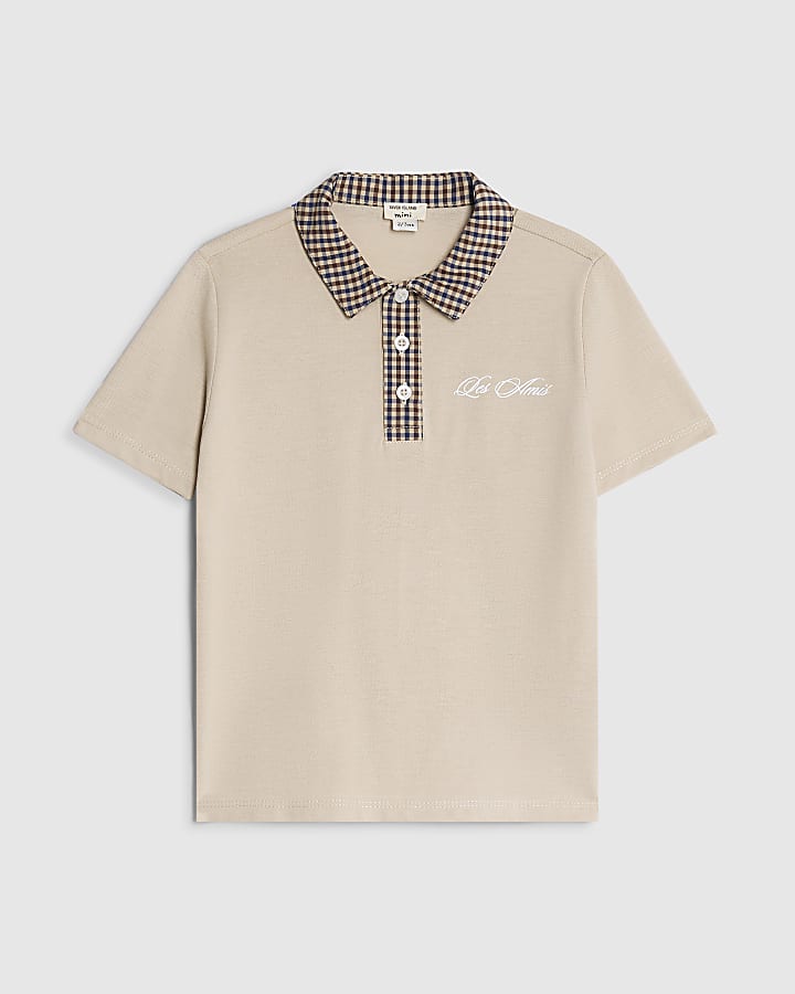 Mini Boys Beige Contrast Collar Polo Shirt