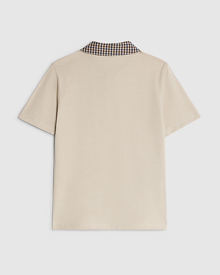 Mini Boys Beige Contrast Collar Polo Shirt