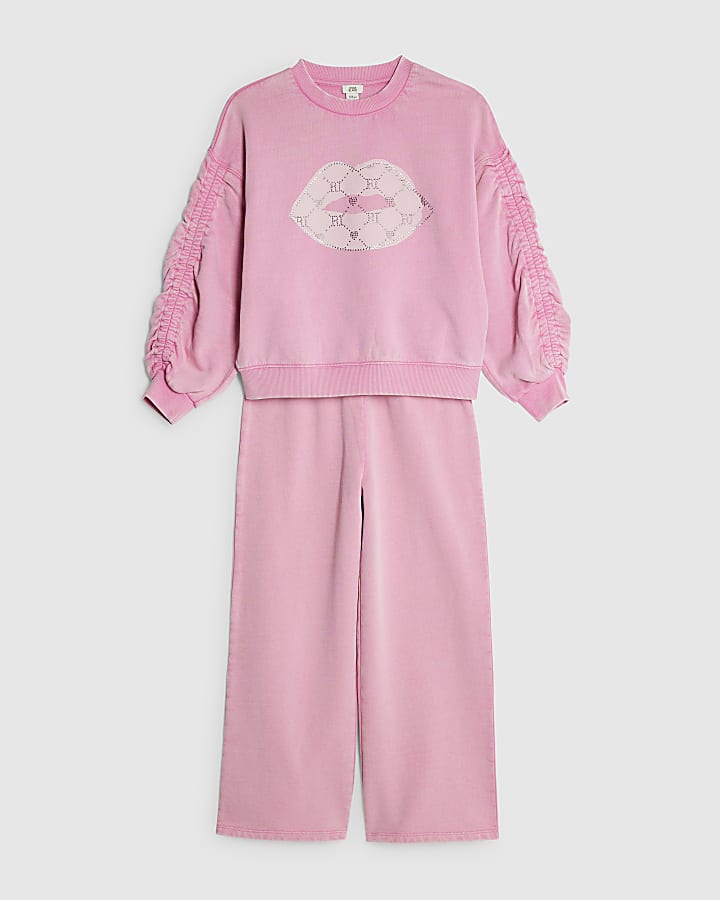Girls Pink Washed Lips Sweatshirt Set