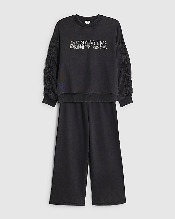 Girls Grey Washed Amour Sweatshirt Set