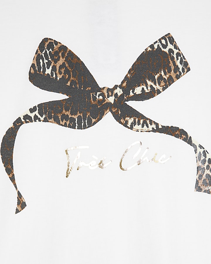 Girls White Leopard Bow T-Shirt Set