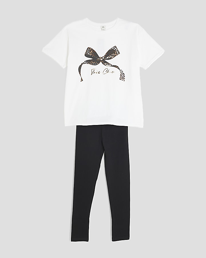 Girls White Leopard Bow T-Shirt Set