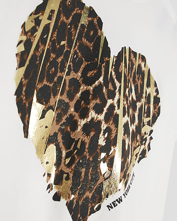 Girls White Leopard Heart T-Shirt