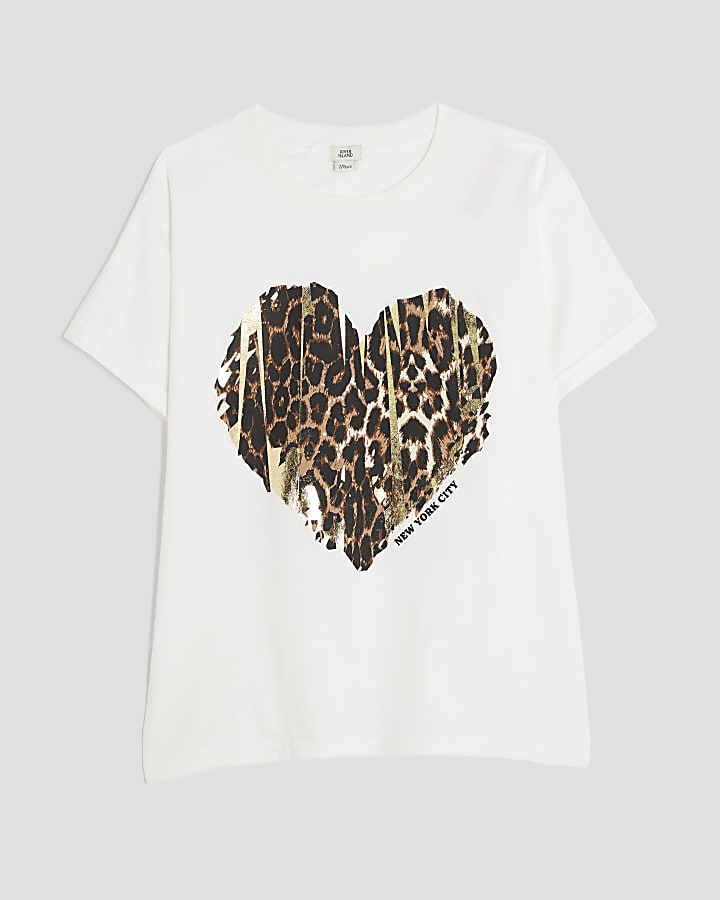 Girls White Leopard Heart T-Shirt