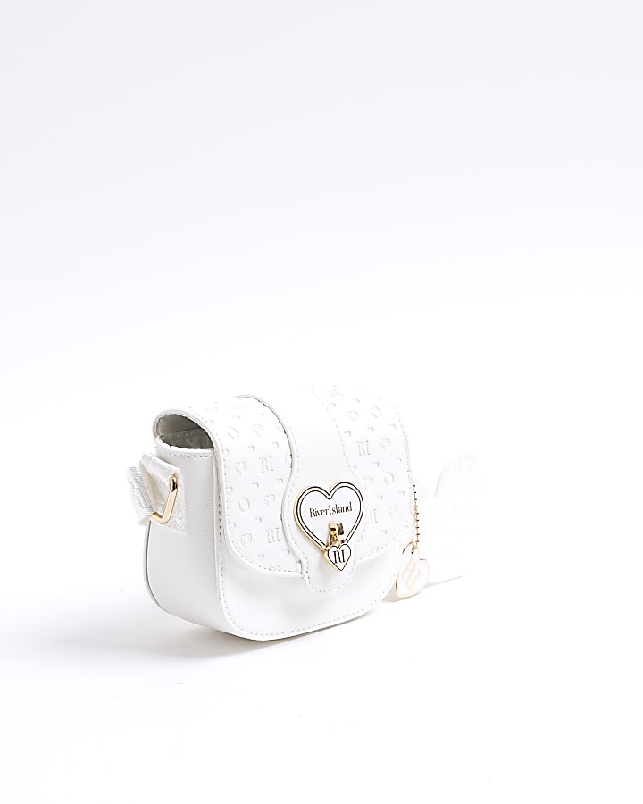 Girls White Monogram Heartlock Cross Body Bag