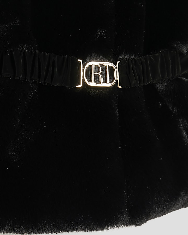 Mini Girls Black Belted Faux Fur Padded Coat