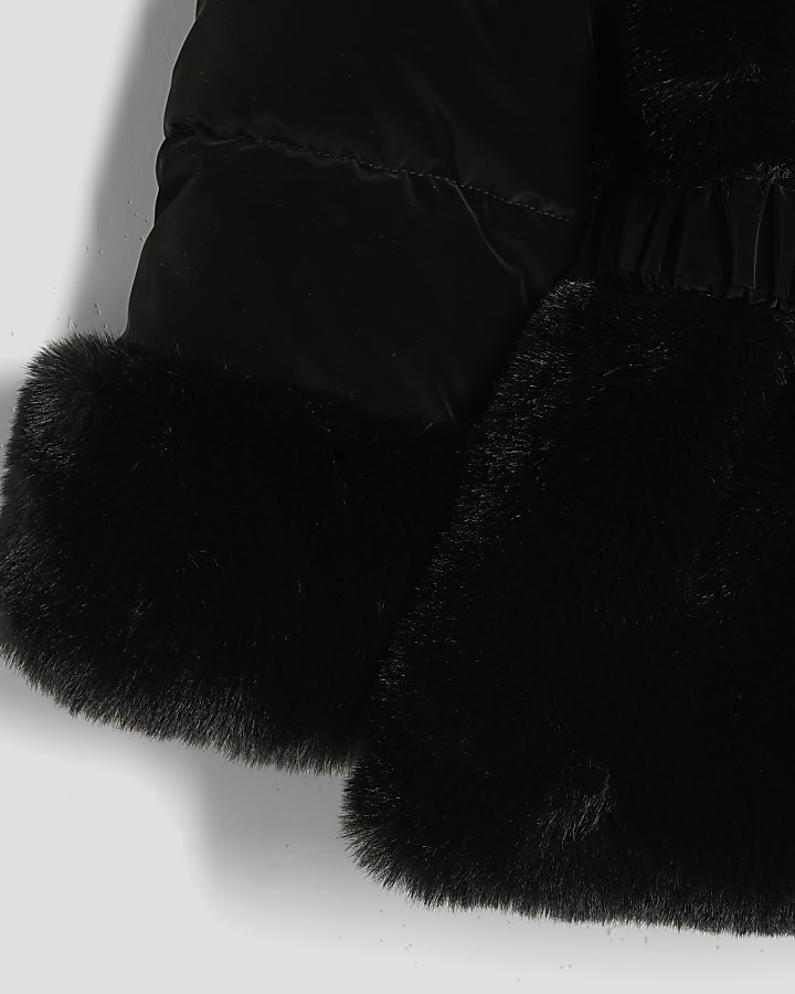 Mini Girls Black Belted Faux Fur Padded Coat