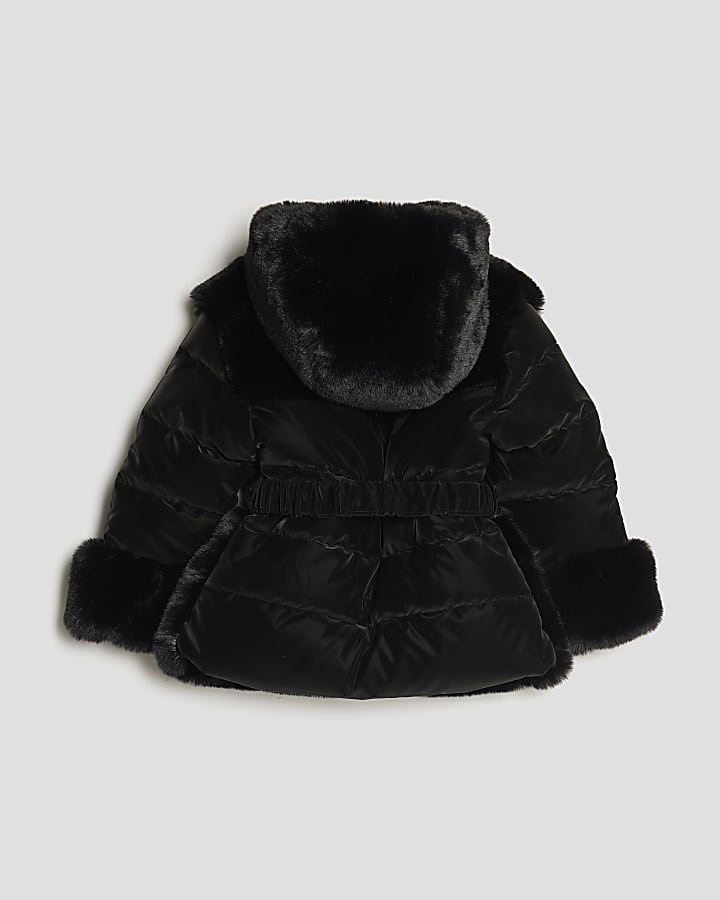 Mini Girls Black Belted Faux Fur Padded Coat