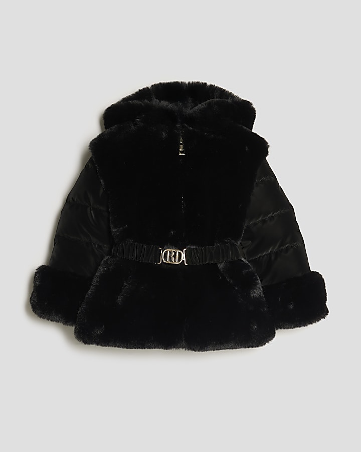 Mini Girls Black Belted Faux Fur Padded Coat