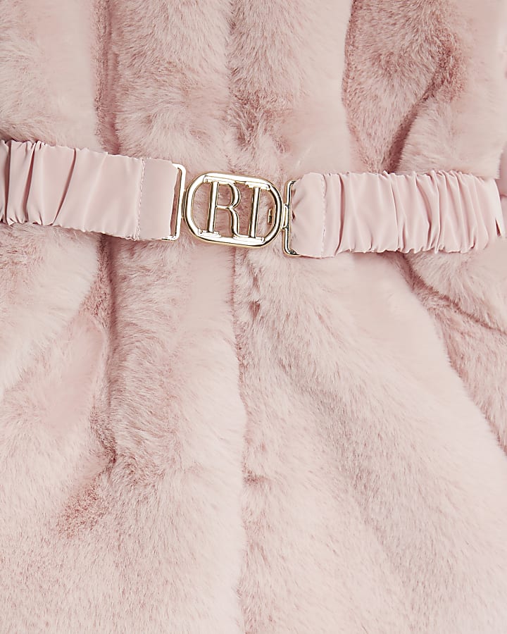 Mini Girls Pink Belted Faux Fur Padded Coat