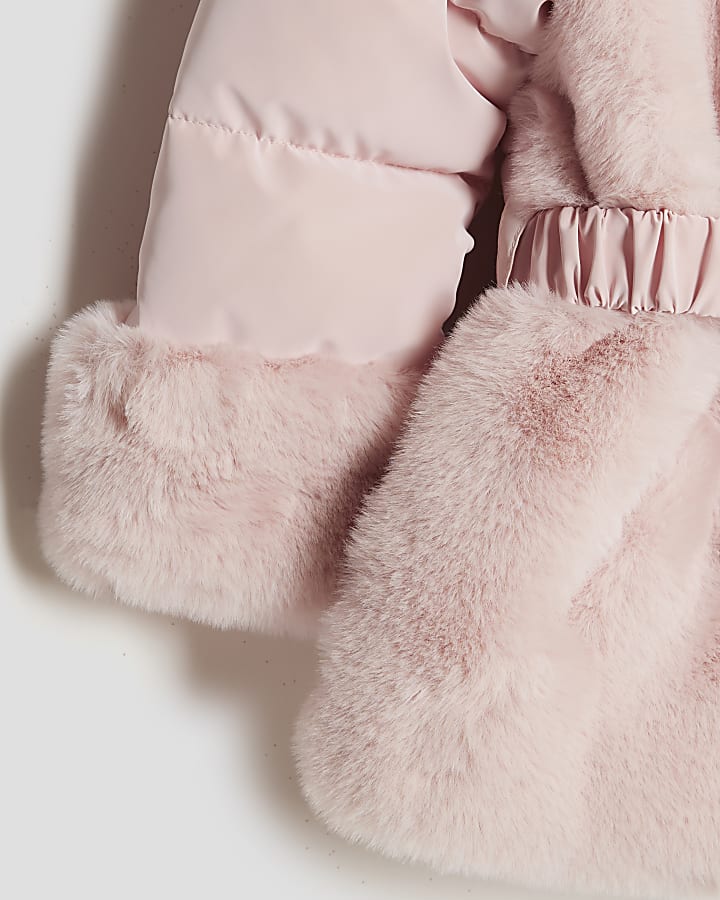 Mini Girls Pink Belted Faux Fur Padded Coat