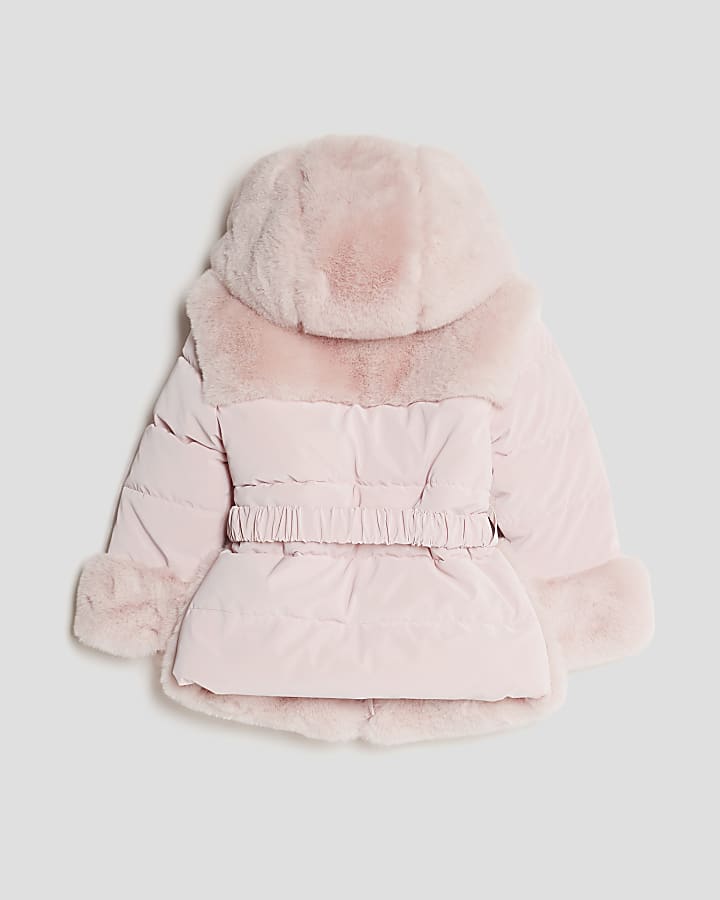 Mini Girls Pink Belted Faux Fur Padded Coat