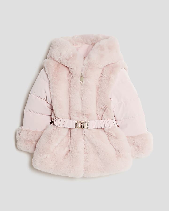 Mini Girls Pink Belted Faux Fur Padded Coat